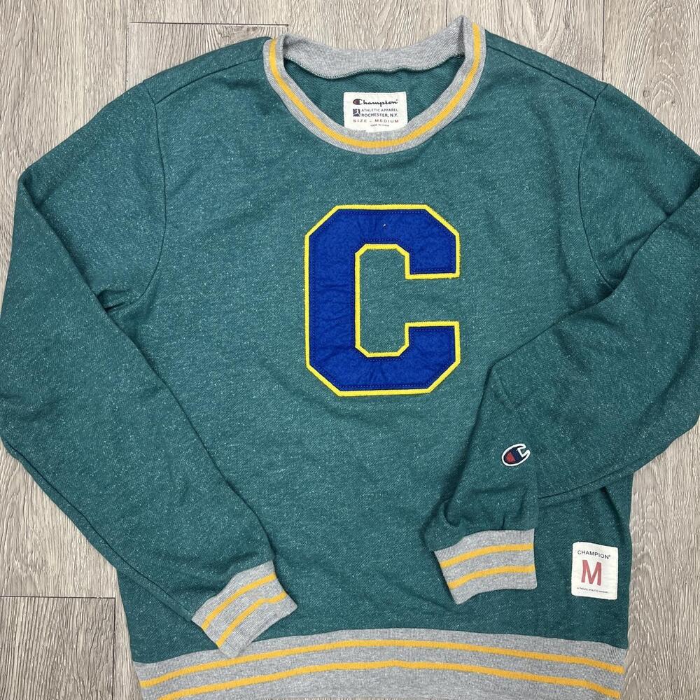 Champion green crewneck sweatshirt with yellow and gray stripes on cuffs size